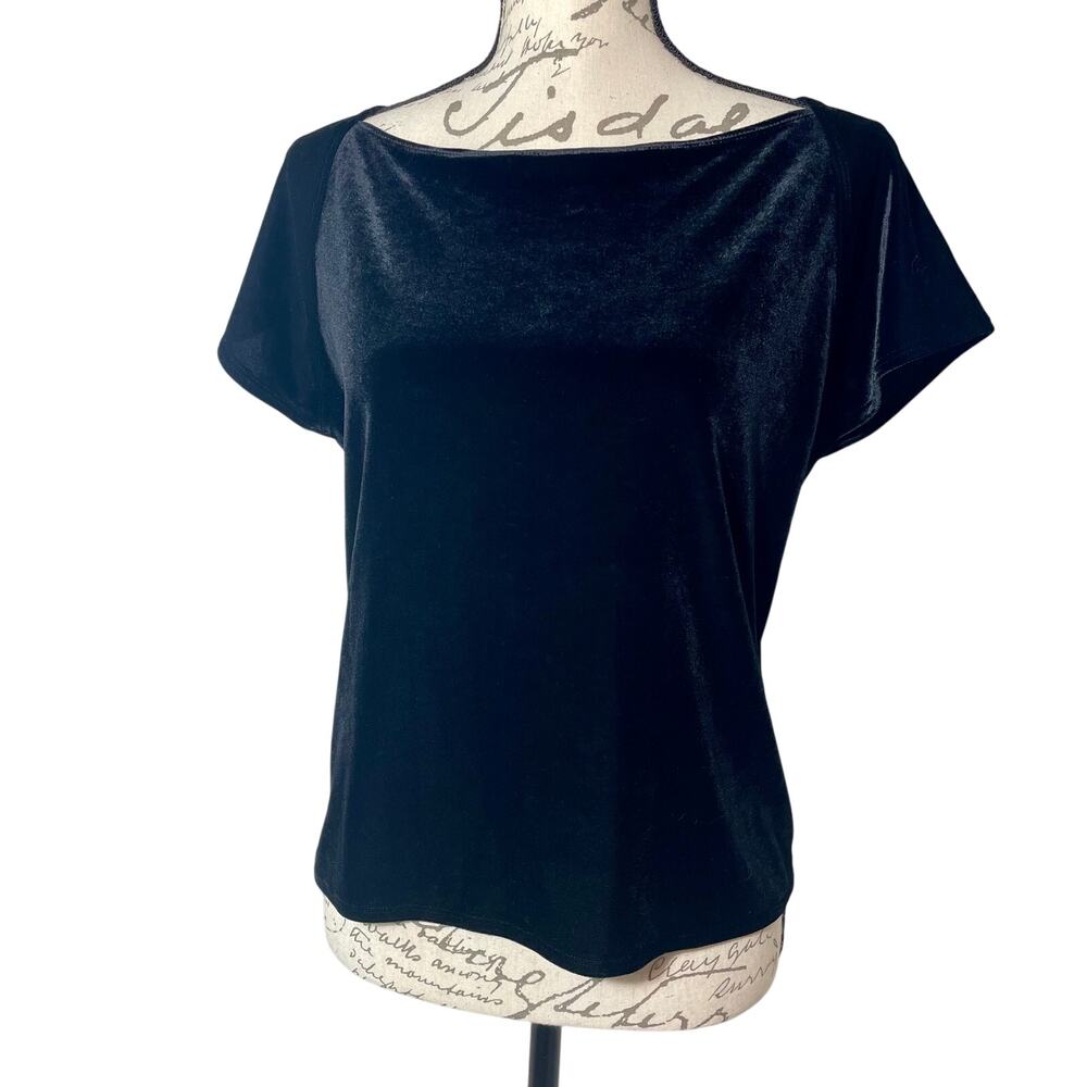 Vintage 90s Boxy Black Velvet Top Anne Klein Cap Sleeves Women's Size Large